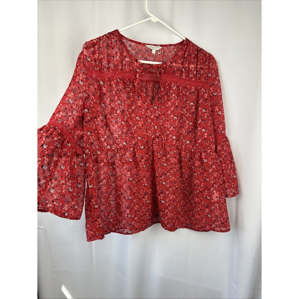 Lucky Brand Top L Red Lace Trim Floral Boho Blouse Bell Sleeve Romantic Fairy